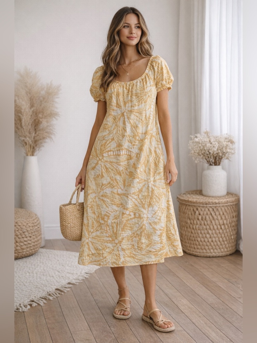 OYSHO Yellow Tropical Print Midi Dress Sz M 100% Cotton Coastal Grandma